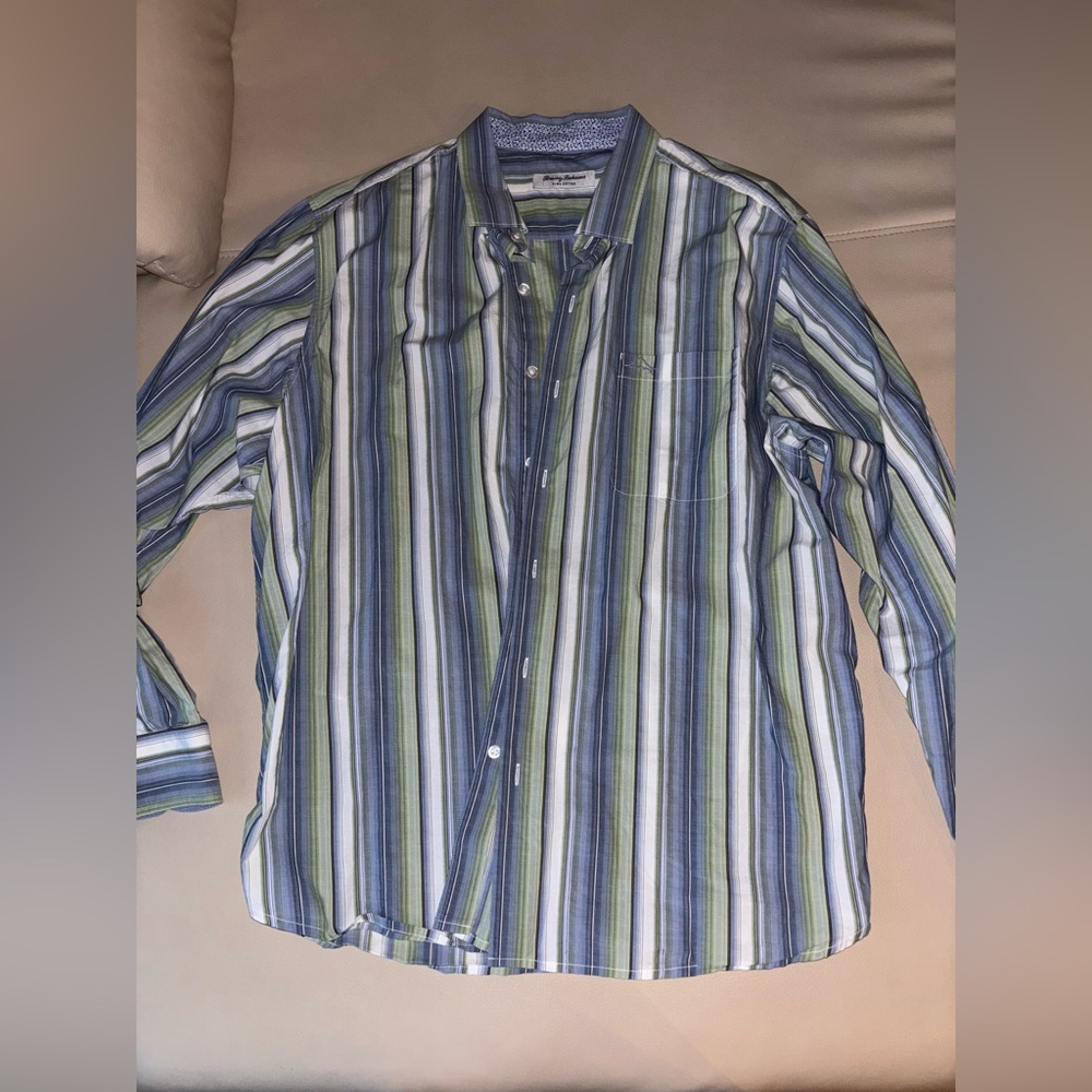 Tommy Bahamas Pima Cotton Men's Striped Blue and Green Collar Shirt